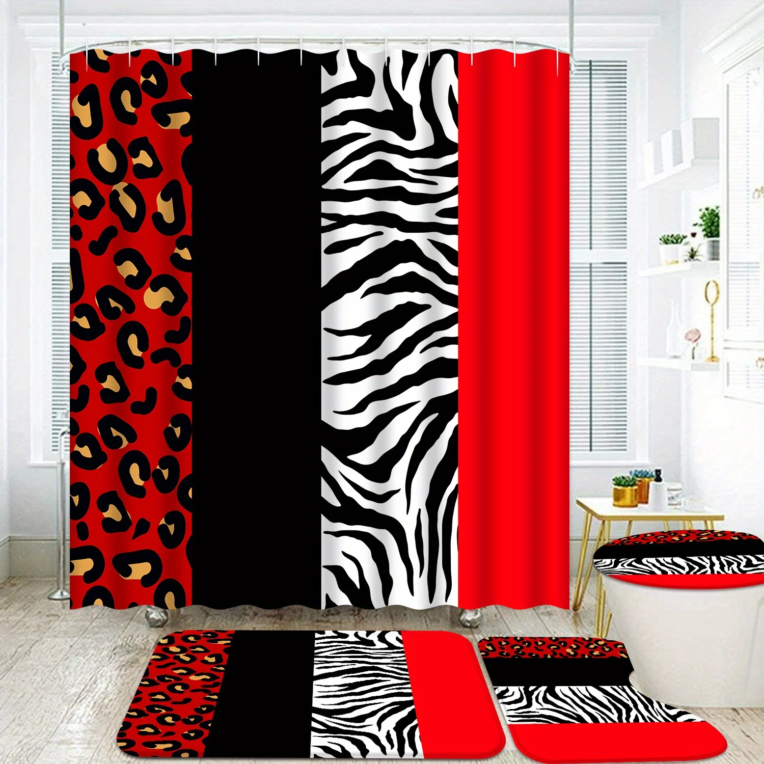 Leopard 4pcs Bathroom Accessory Sets, Animal Shower Curtain and Rugs for Bold Black Red Bathroom Decor Including Mats and Towels
Leopard 4pcs Bathroom Accessory Sets, Animal Shower Curtain and Rugs for Bold Black Red Bathroom Decor Including Mats and Towels