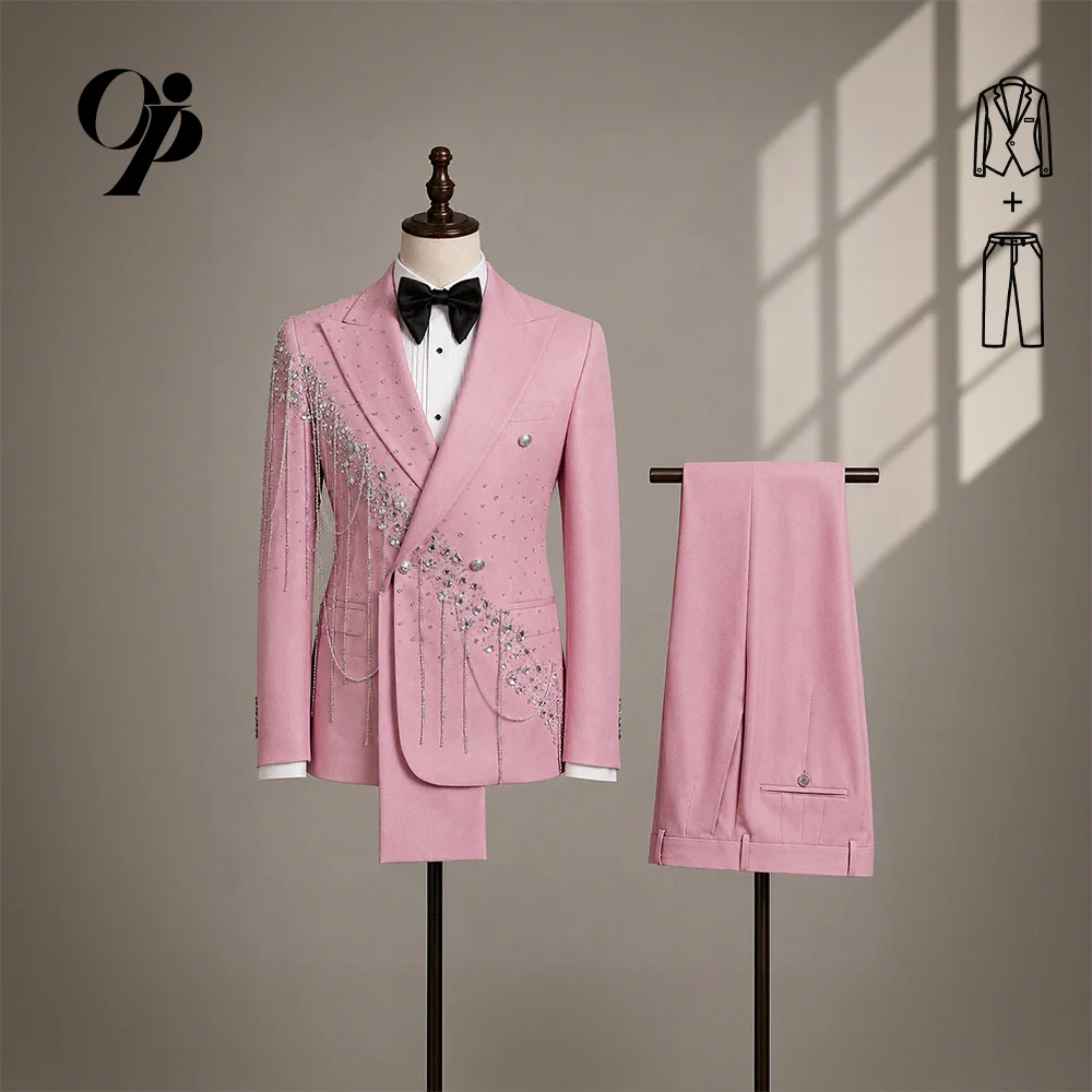 Pink Man Suits High Quality Tassel Rhinestone Mens Tuxedo Peak Lapel Double Breasted noivo casamento terno luxo Customized
Pink Man Suits High Quality Tassel Rhinestone Mens Tuxedo Peak Lapel Double Breasted noivo casamento terno luxo Customized