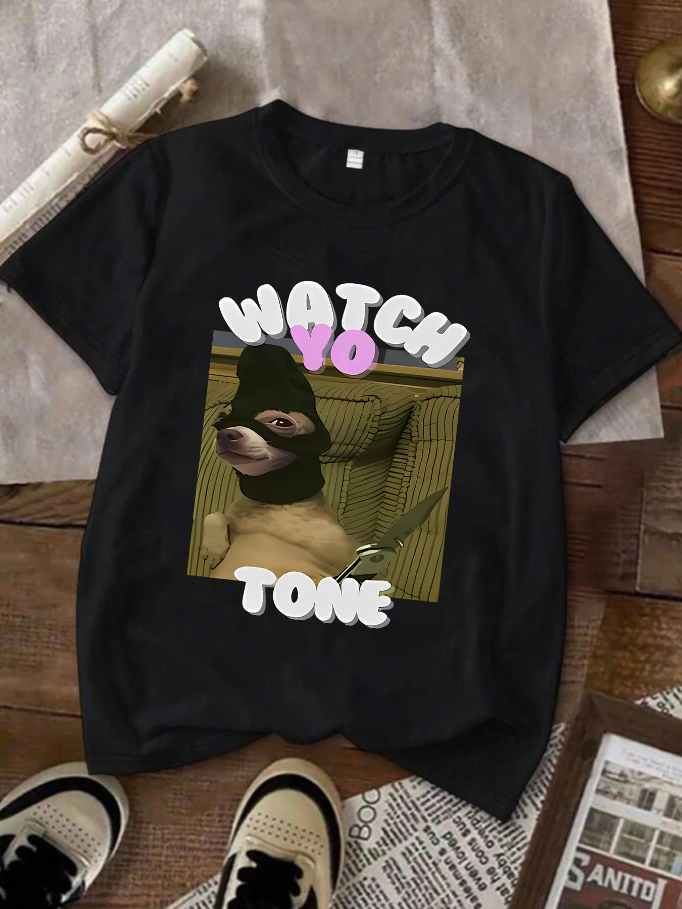 Dog wearing a hood Plus size women's round neck short sleeve T-shirt with elastic half sleeves and trendy prints 
Dog wearing a hood Plus size women's round neck short sleeve T-shirt with elastic half sleeves and trendy prints