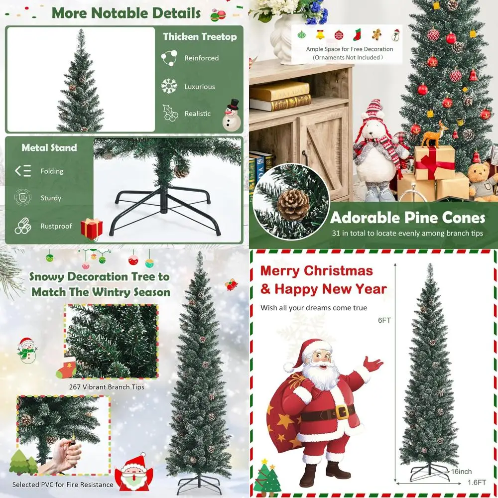 6-Foot Tall Slim Pencil-Shaped Snowy Artificial Christmas Tree with 267 PVC Tips and 31 Pine Cones, Perfect for Home, Office, an
6-Foot Tall Slim Pencil-Shaped Snowy Artificial Christmas Tree with 267 PVC Tips and 31 Pine Cones, Perfect for Home, Office, an