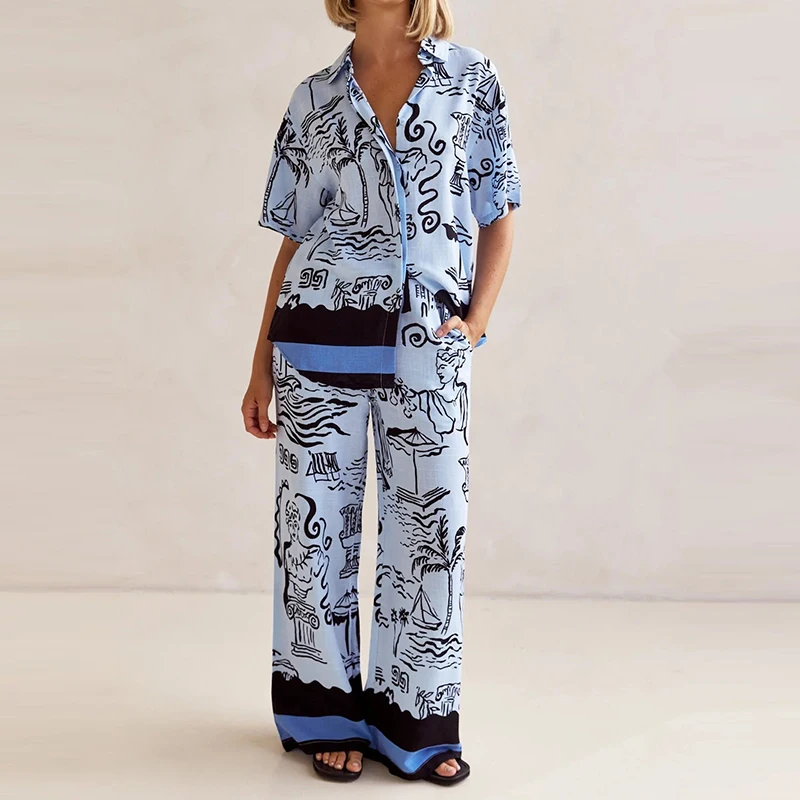 Women's New Pocket Single Breasted Shirts & Wide Leg Pants Outfits Summer Homewear Suit Casual Short Sleeve Print Two Piece Sets
Women's New Pocket Single Breasted Shirts & Wide Leg Pants Outfits Summer Homewear Suit Casual Short Sleeve Print Two Piece Sets