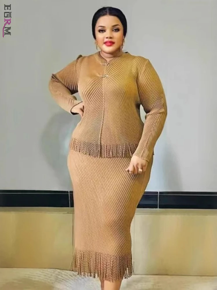 EGRM Tassel Design Pleated 2 Pieces Skirt Sets Women Long Sleeve Metal Butterfly Buttons Tops and A Line Midi Skirt Set 5R7129
EGRM Tassel Design Pleated 2 Pieces Skirt Sets Women Long Sleeve Metal Butterfly Buttons Tops and A Line Midi Skirt Set 5R7129