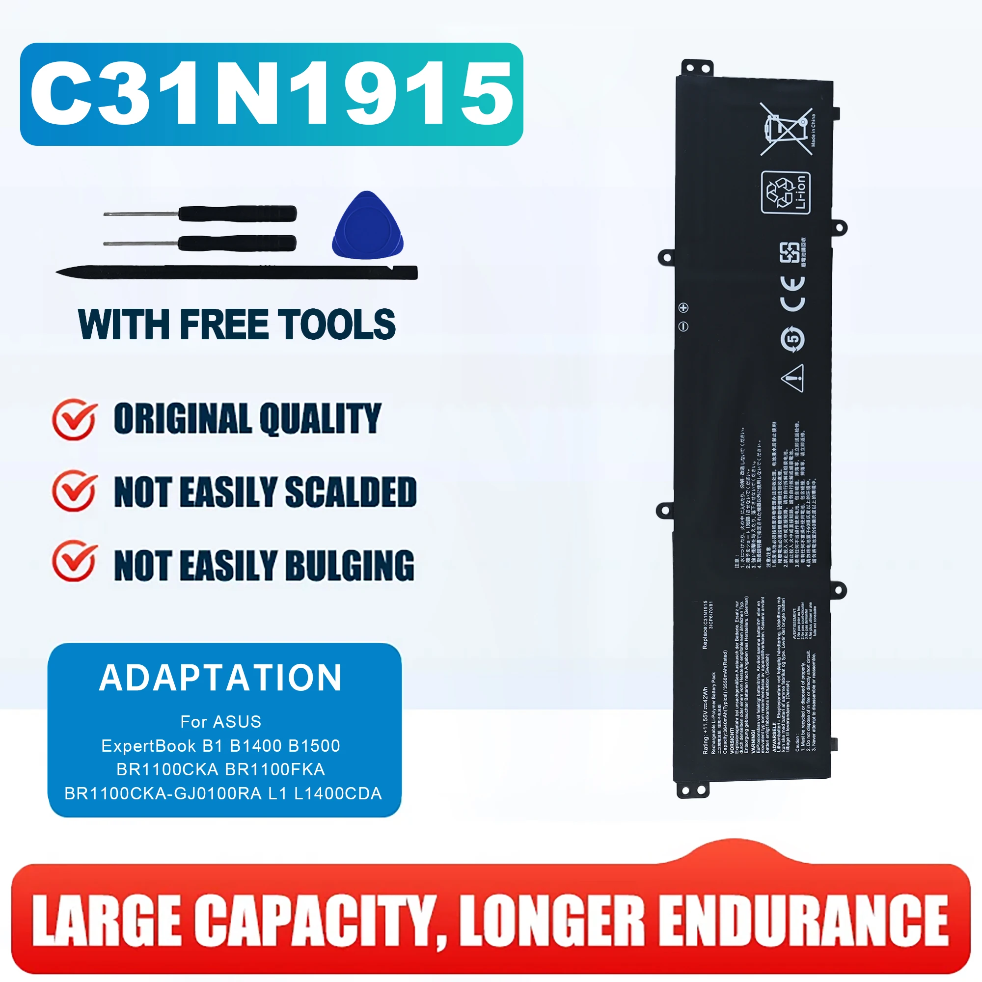 B31N1915 C31N1915 Laptop Battery For Asus ExpertBook B1 B1400 B1 B1500 BR1100CKA BR1100FKA BR1100CKA-GJ0100RA 42Wh
B31N1915 C31N1915 Laptop Battery For Asus ExpertBook B1 B1400 B1 B1500 BR1100CKA BR1100FKA BR1100CKA-GJ0100RA 42Wh