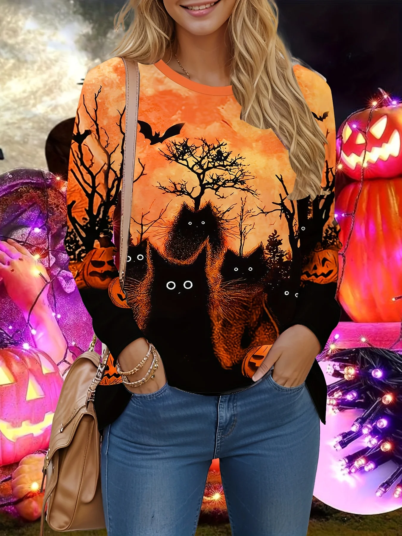 Women's Long Sleeve T-shirts Halloween Theme Black Cat Graphic Streetswear Polyester Tops Casual Pullover Women's Clothing
Women's Long Sleeve T-shirts Halloween Theme Black Cat Graphic Streetswear Polyester Tops Casual Pullover Women's Clothing