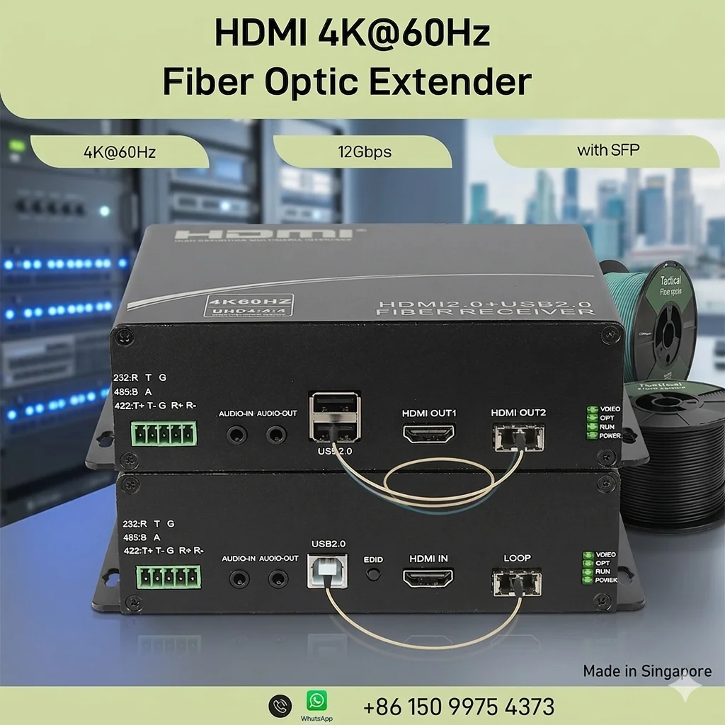 4K HDMI 2.0 Fiber Extender, 60Hz, UHD 4:4:4, Loop-Out, 2×USB2.0 + 3.5mm Audio + RS232/422/485, 12Gbps, 20KM Transmission
4K HDMI 2.0 Fiber Extender, 60Hz, UHD 4:4:4, Loop-Out, 2×USB2.0 + 3.5mm Audio + RS232/422/485, 12Gbps, 20KM Transmission
