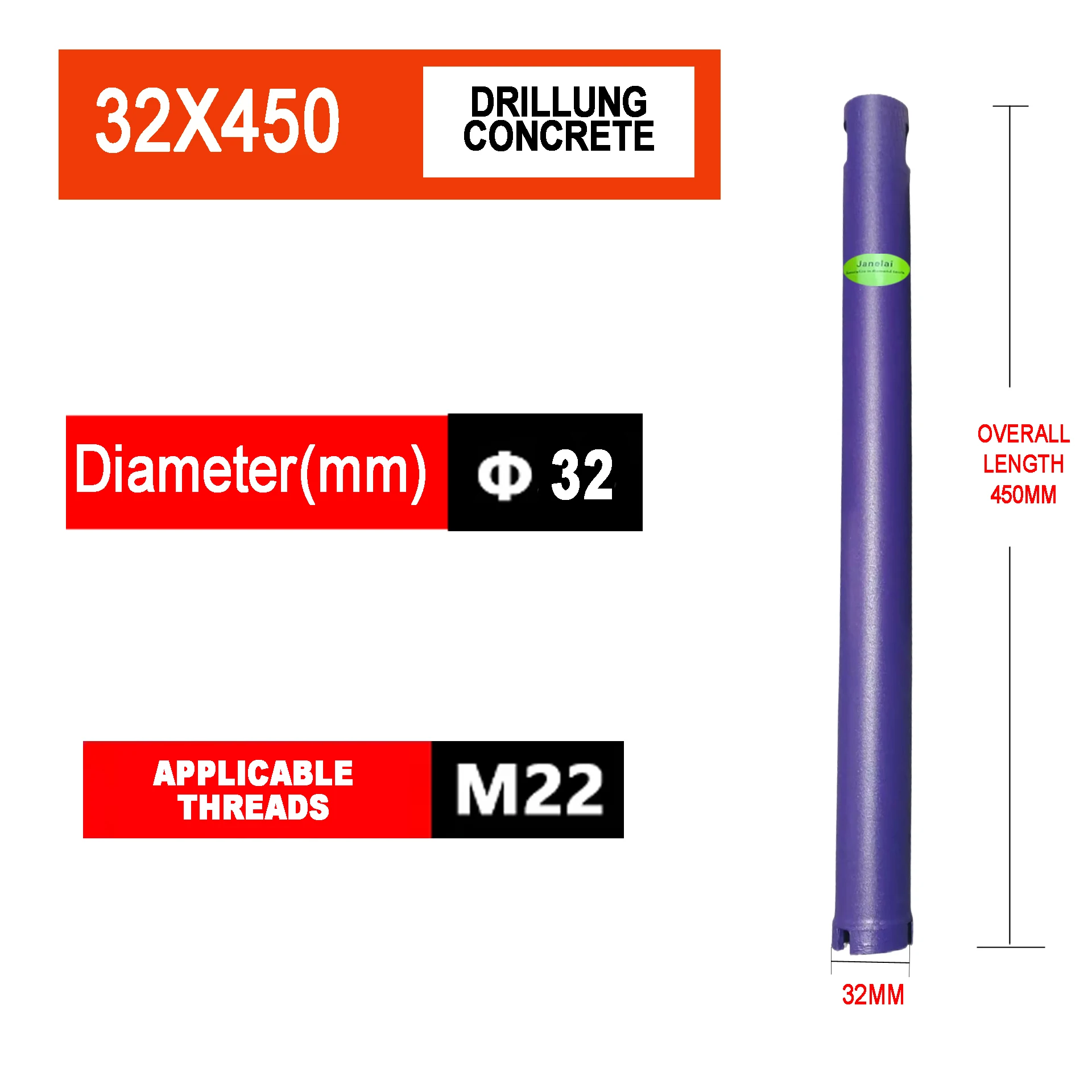 Janelai Diameter Range 32x450mm Length Diamond Hole Saw Core Bit Deep hole drill For Drilling Holes On Concrete/Brick Wall
Janelai Diameter Range 32x450mm Length Diamond Hole Saw Core Bit Deep hole drill For Drilling Holes On Concrete/Brick Wall