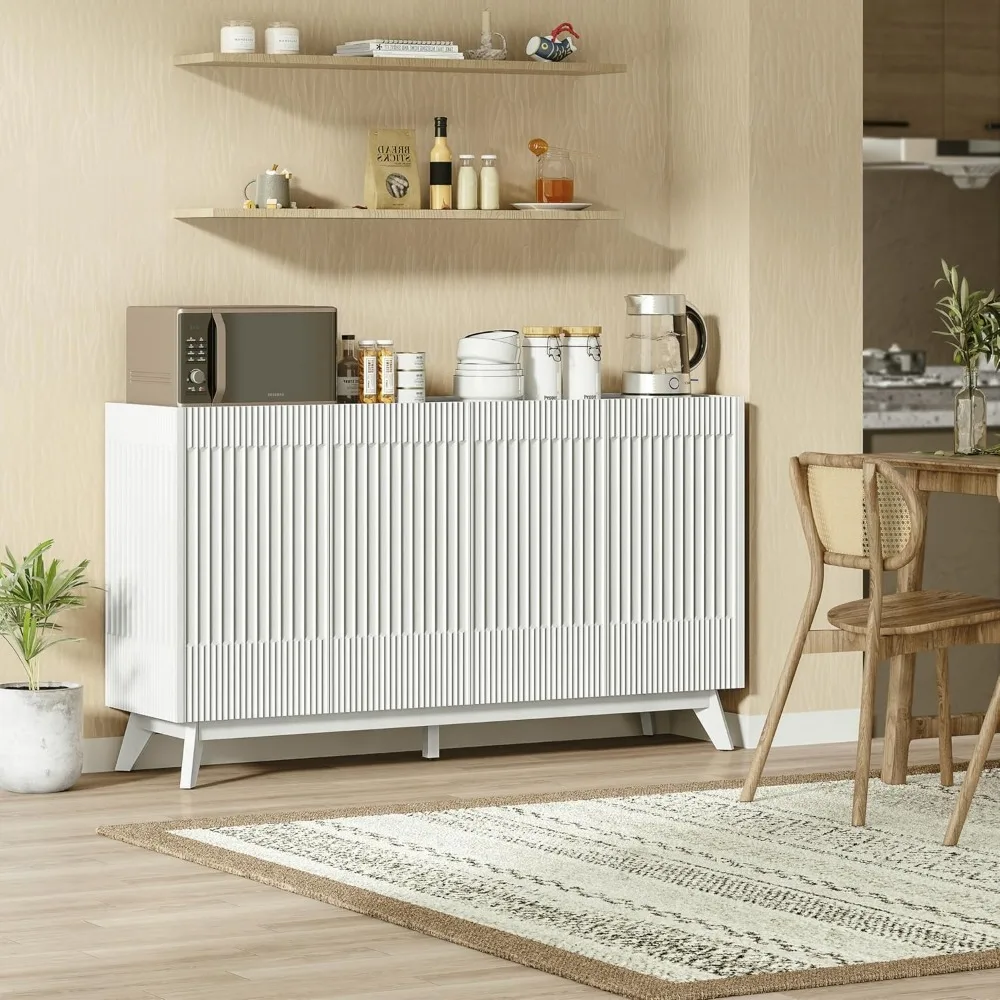 Fluted Buffet Cabinet with Storage,Modern Wood Accent Sideboard with 4 Doors, 60" Wide White Credenza Buffet Table Media Console 
Fluted Buffet Cabinet with Storage,Modern Wood Accent Sideboard with 4 Doors, 60" Wide White Credenza Buffet Table Media Console