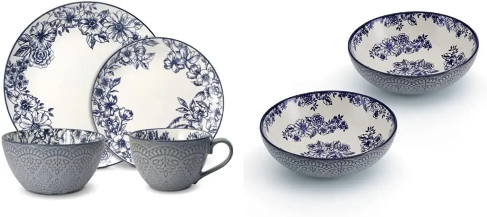 Gabriela Blue 16-Piece Dinnerware Set, Service for 4 and Gabriela Blue Floral Set of 2 Pasta Bowls, 8 Inch, Teal and White 
Gabriela Blue 16-Piece Dinnerware Set, Service for 4 and Gabriela Blue Floral Set of 2 Pasta Bowls, 8 Inch, Teal and White