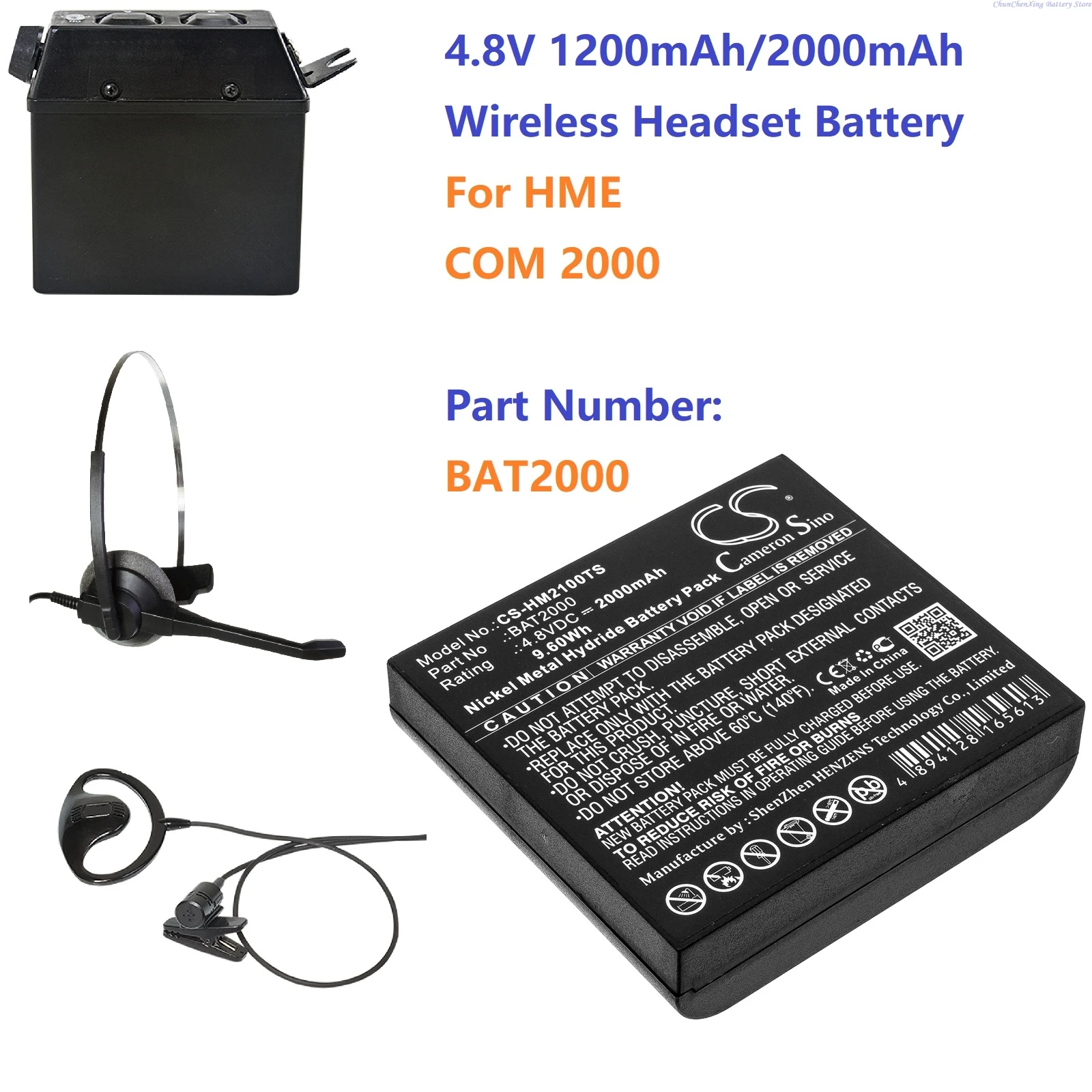 Cameron Sino 4.8V 1200mAh/2000mAh Wireless Headset battery BAT2000 for HME COM 2000, COM2000
Cameron Sino 4.8V 1200mAh/2000mAh Wireless Headset battery BAT2000 for HME COM 2000, COM2000
