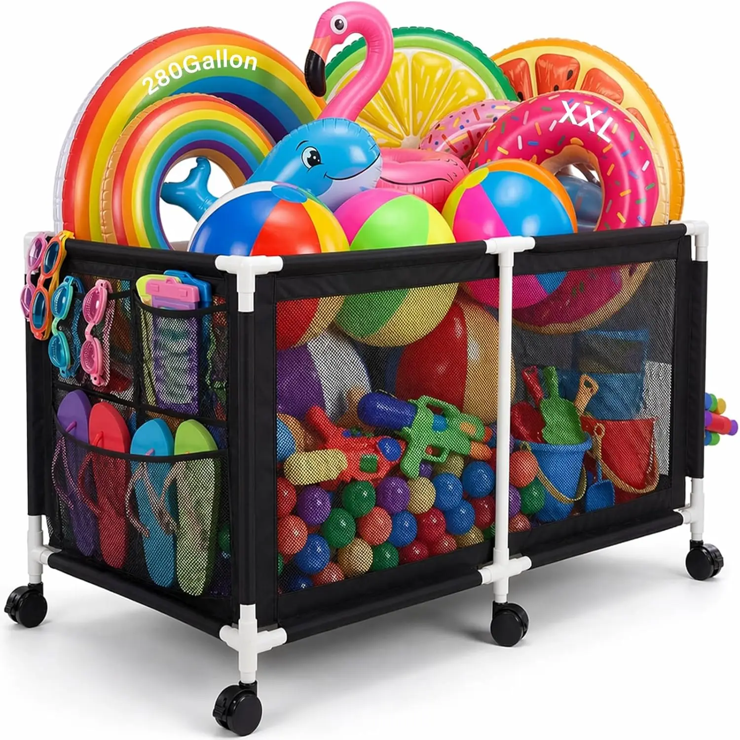 280 Gal Pool Storage Bin 69" Extra Large Mesh Rolling Bin for Floats Noodles Toys Black
280 Gal Pool Storage Bin 69" Extra Large Mesh Rolling Bin for Floats Noodles Toys Black