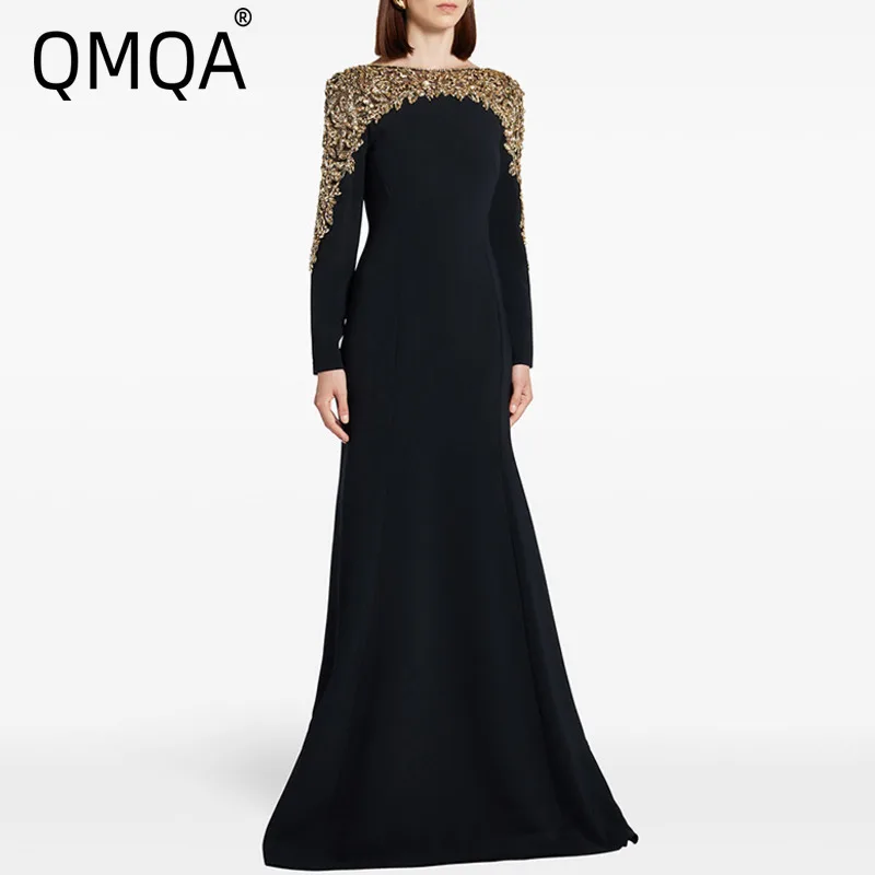 QMQA Fashion Women's Evening Dress LSplicing Bead Diamond O Neck Long Sleeve High Waist Elegant Maxi Dresses 2025 New QM592
QMQA Fashion Women's Evening Dress LSplicing Bead Diamond O Neck Long Sleeve High Waist Elegant Maxi Dresses 2025 New QM592