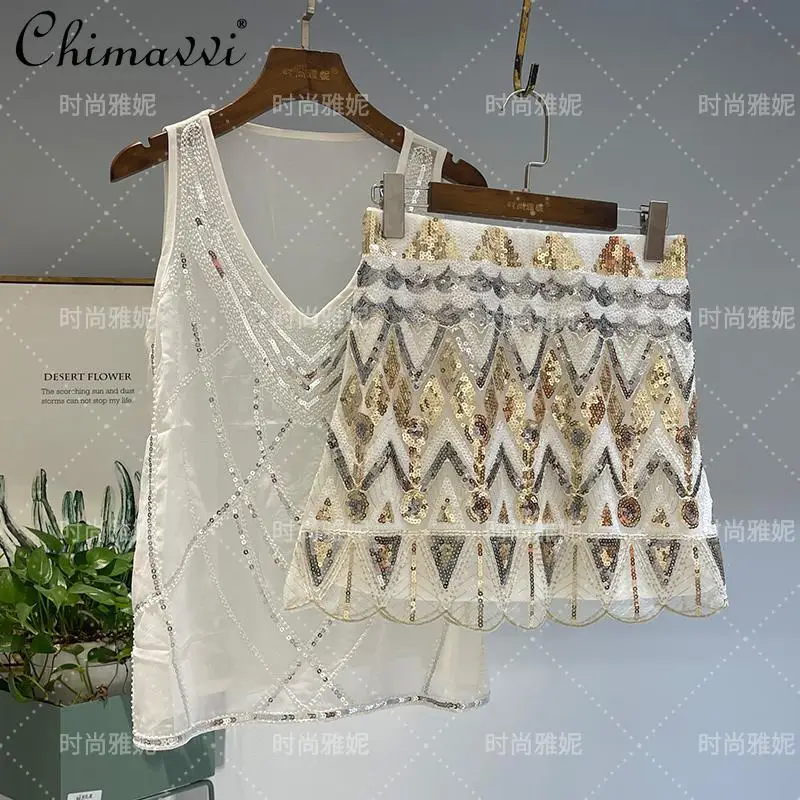 High-end Heavy Beaded Sequins High Waist Hip-wrapped Short Skirt Luxury Vest Top 2-piece Set Spring Summer New Women's Skirt Set
High-end Heavy Beaded Sequins High Waist Hip-wrapped Short Skirt Luxury Vest Top 2-piece Set Spring Summer New Women's Skirt Set
