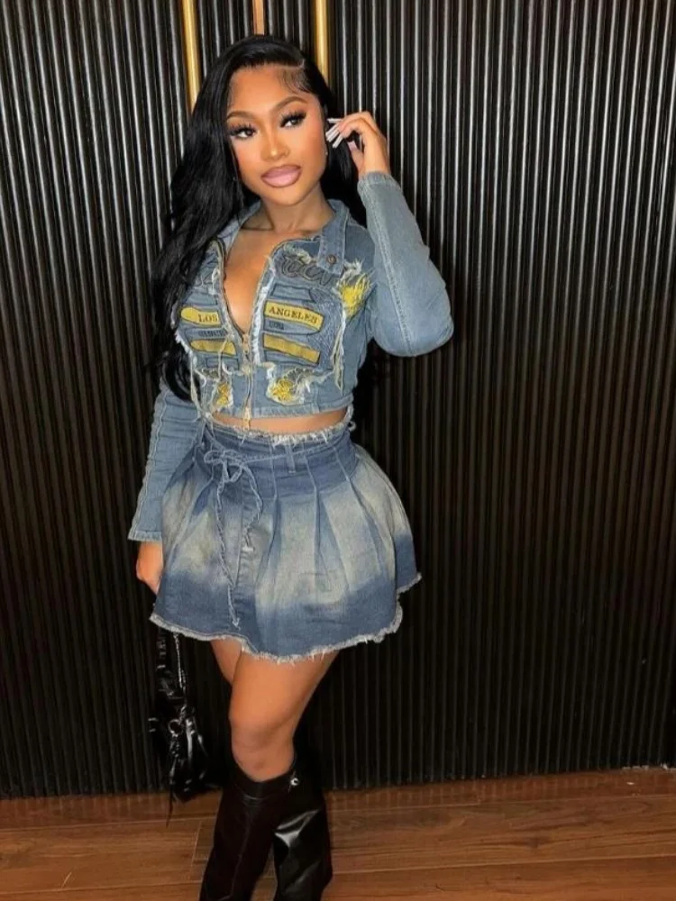 Joskaa Stretch Denim 2 Piece Set Women Letter Embroidery Full Sleeve Zip Jacket and Pleated Skirt Matching 2024 Y2K Streetwear
Joskaa Stretch Denim 2 Piece Set Women Letter Embroidery Full Sleeve Zip Jacket and Pleated Skirt Matching 2024 Y2K Streetwear