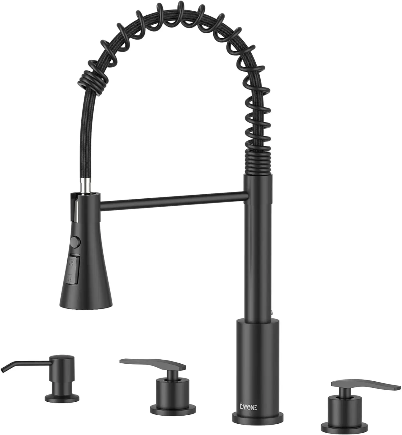 Матовый черный кухонный смеситель с 4 отверстиями и дозатором мыла, 2 ручки из нержавеющей стали для раковины на колесах
Матовый черный кухонный смеситель с 4 отверстиями и дозатором мыла, 2 ручки из нержавеющей стали для раковины на колесах