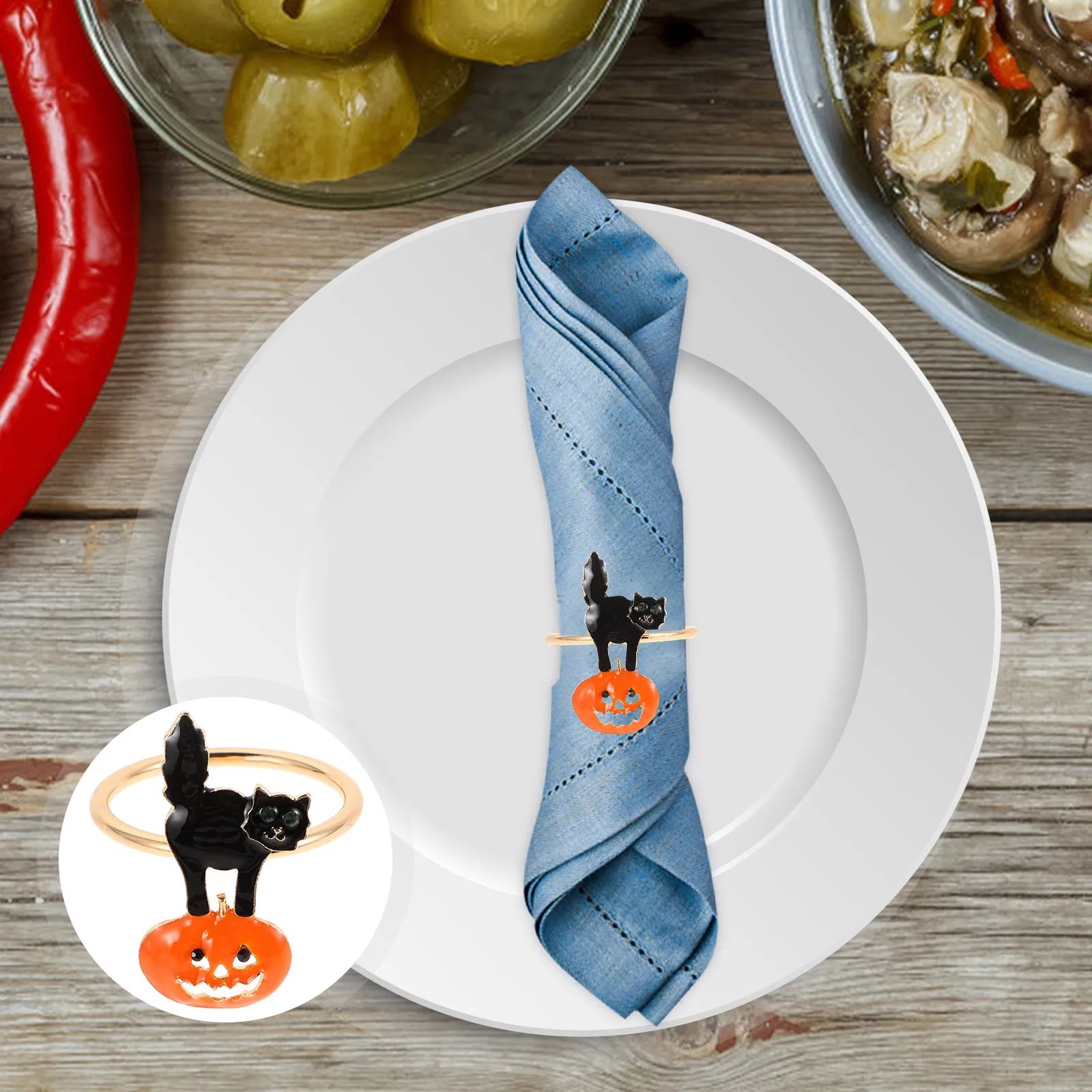 6pcs Halloween Napkin Rings Cat Pumpkin Design Alloy Decorative Buckles Party Favors Dining Table Ornaments Reusable Household 
6pcs Halloween Napkin Rings Cat Pumpkin Design Alloy Decorative Buckles Party Favors Dining Table Ornaments Reusable Household