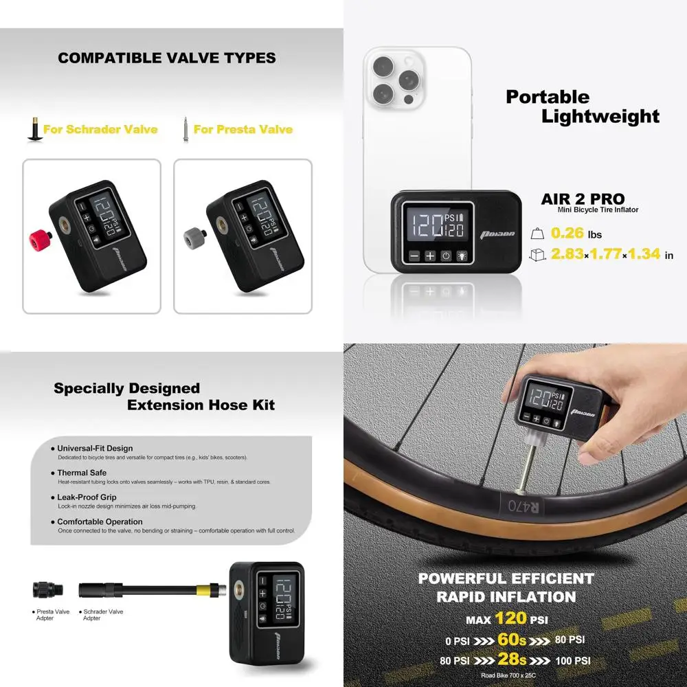 Mini Electric Bike Pump with Gauge, Max 120 PSI, 28s Fast Inflate Tiny Portable Bicycle Pump, Presta and Schrader Valve for E-Bi
Mini Electric Bike Pump with Gauge, Max 120 PSI, 28s Fast Inflate Tiny Portable Bicycle Pump, Presta and Schrader Valve for E-Bi