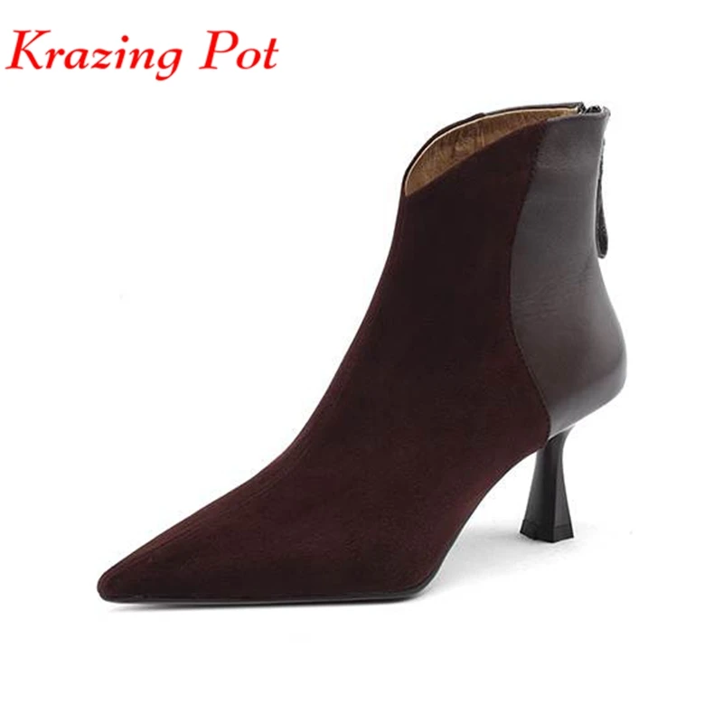 Krazing Pot Kid Suede Cow Leather Gladiator Pointed Toe Winter Warm Modern Boots Thin High Heels Kpop Patch Work Ins Ankle Boots
Krazing Pot Kid Suede Cow Leather Gladiator Pointed Toe Winter Warm Modern Boots Thin High Heels Kpop Patch Work Ins Ankle Boots