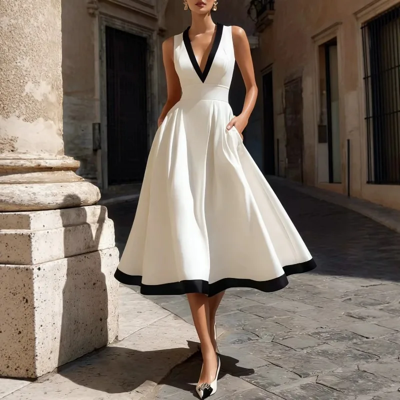 New Fashion Euro American Women's Color Block V Neck Natural Waist Sleeveless Midi Dress Customized Long ball Formal Party Dress
New Fashion Euro American Women's Color Block V Neck Natural Waist Sleeveless Midi Dress Customized Long ball Formal Party Dress