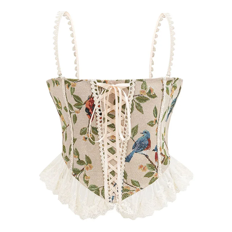 Leaf And Bird Print Lace Spaghetti Strap Gothic Corset Crop Top Vest Women's Lace-up Corset French Vintage Corset 2025
Leaf And Bird Print Lace Spaghetti Strap Gothic Corset Crop Top Vest Women's Lace-up Corset French Vintage Corset 2025