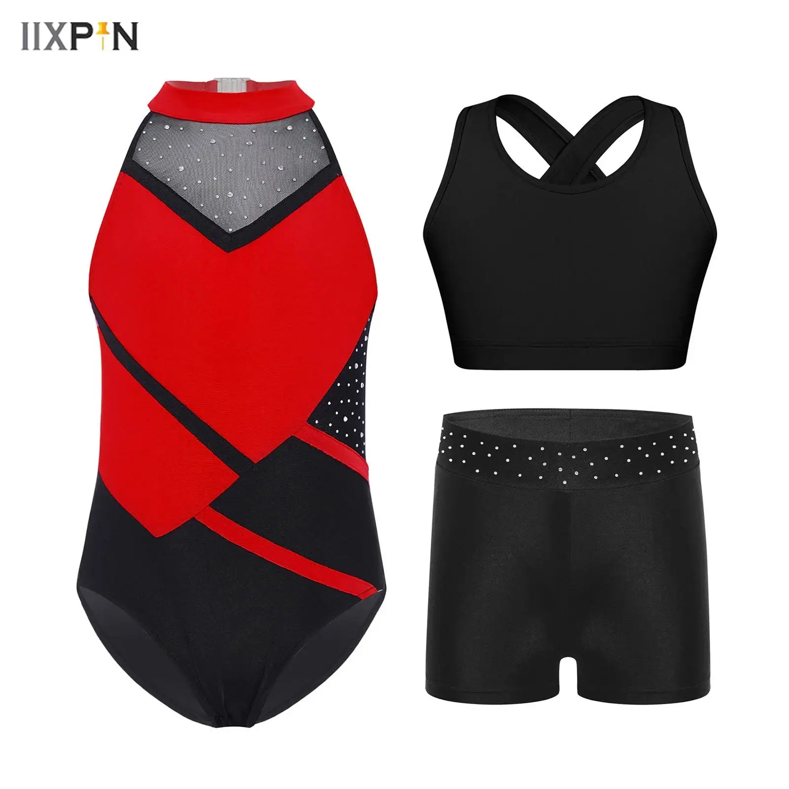 Kids Girls Gymnastics Leotard 3-Piece Strappy Back Color Block Glittery Rhinestones Leotard+Vest+Shorts Dance Performance Outfit 
Kids Girls Gymnastics Leotard 3-Piece Strappy Back Color Block Glittery Rhinestones Leotard+Vest+Shorts Dance Performance Outfit