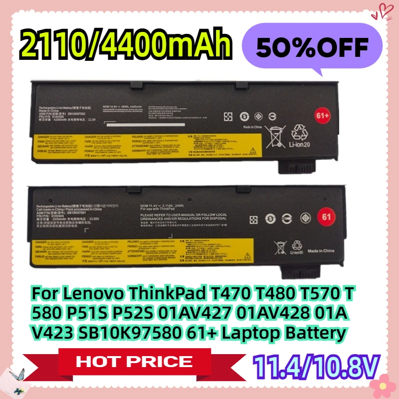 For Lenovo ThinkPad T470 T480 T570 T580 P51S P52S 01AV427 01AV428 01AV423 SB10K97580 61+ Laptop Battery 10.8V 4400mAh
For Lenovo ThinkPad T470 T480 T570 T580 P51S P52S 01AV427 01AV428 01AV423 SB10K97580 61+ Laptop Battery 10.8V 4400mAh