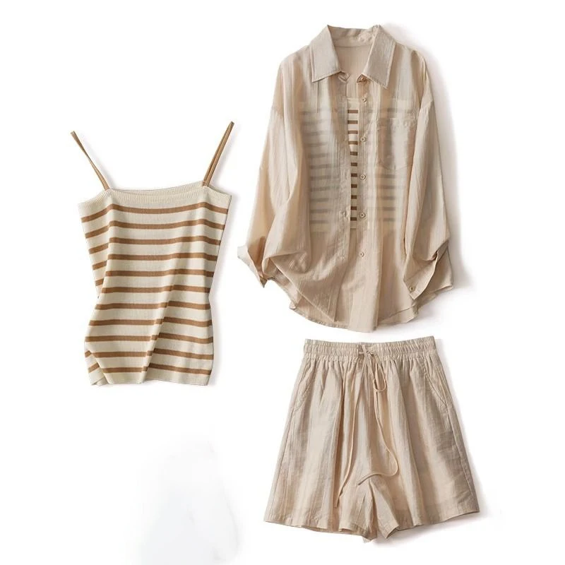 New Korean Style Women's Long Sleeve Shirt And Stripe Strap Top Elastic Waist Women's Shorts Three Piece Set
New Korean Style Women's Long Sleeve Shirt And Stripe Strap Top Elastic Waist Women's Shorts Three Piece Set