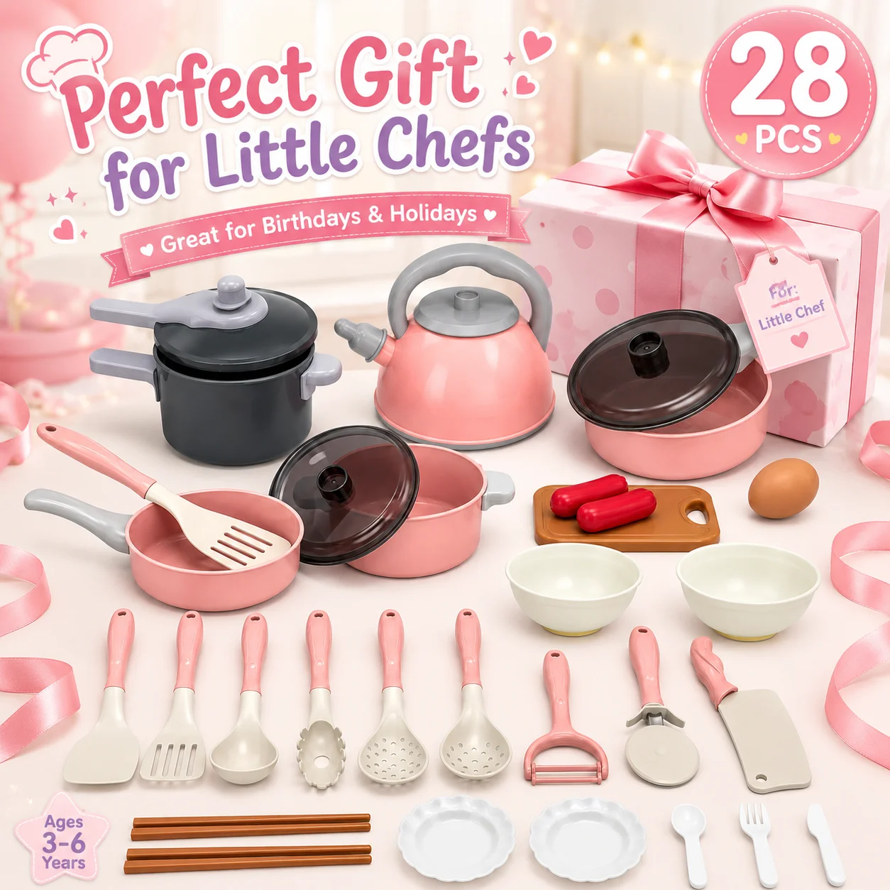28 PCS Pretend Play Kitchen Set for Kids Ages 3-6, Pink Toy Cookware Pots Pans Kettle Utensils and Cutting Food Set for Girls
28 PCS Pretend Play Kitchen Set for Kids Ages 3-6, Pink Toy Cookware Pots Pans Kettle Utensils and Cutting Food Set for Girls