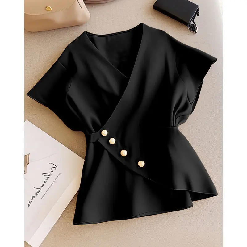 French Style Light Luxury Waist-Cinching V-Neck Short Sleeve Shirt For Women, Unique Design, Niche Summer Fashion, Exquisite
French Style Light Luxury Waist-Cinching V-Neck Short Sleeve Shirt For Women, Unique Design, Niche Summer Fashion, Exquisite
