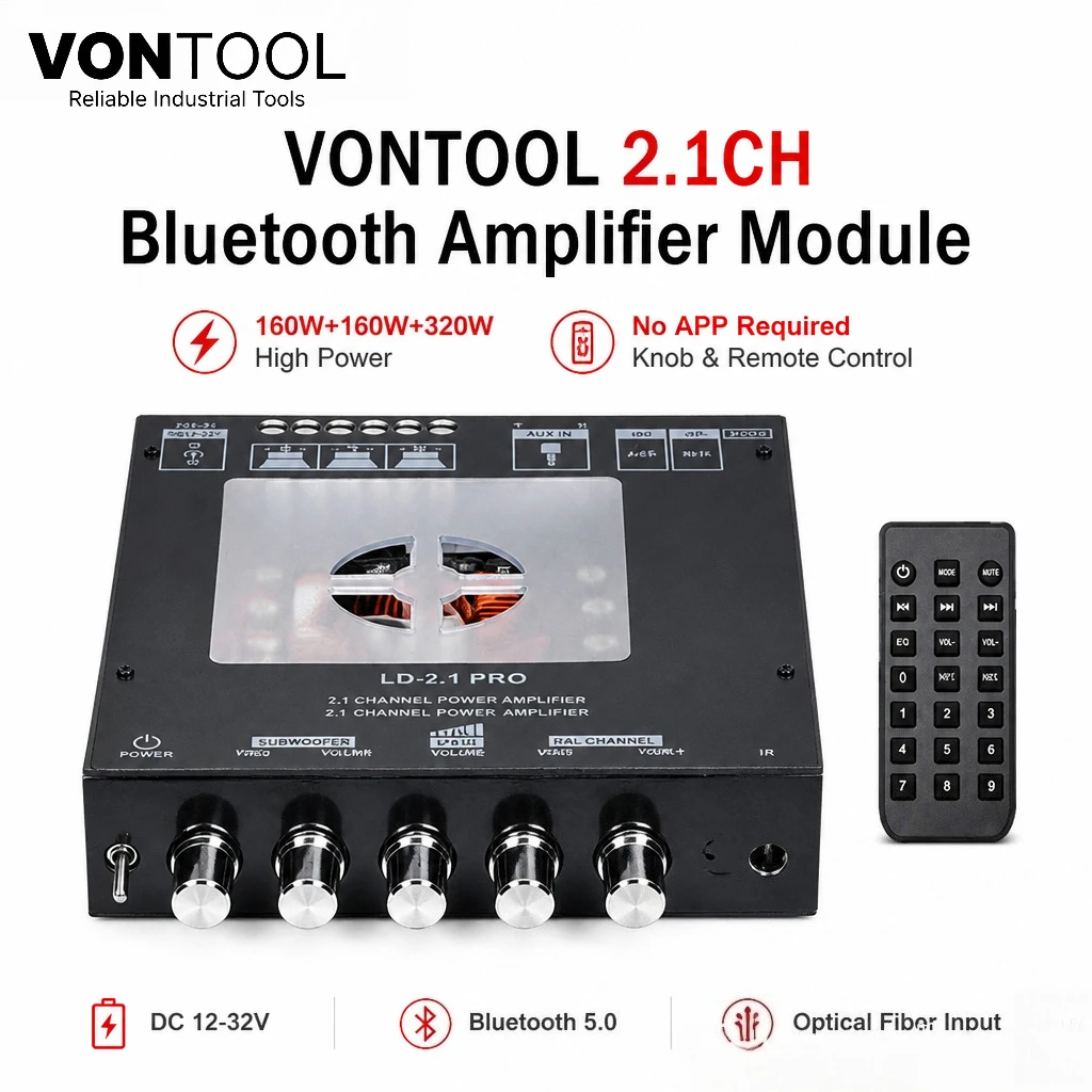 VONTOOL 2.1CH Bluetooth Amplifier Module 160W×2+320W High Power Audio Amp Board DC12-32V With Remote Control