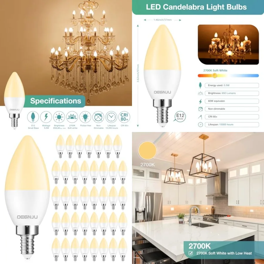 LED Candelabra Light Bulbs W Equivalent, Chandelier Light Bulbs Soft White 2700K, E12 LED Bulb, Type B Light Bulb 5.5W, Candela
LED Candelabra Light Bulbs W Equivalent, Chandelier Light Bulbs Soft White 2700K, E12 LED Bulb, Type B Light Bulb 5.5W, Candela
