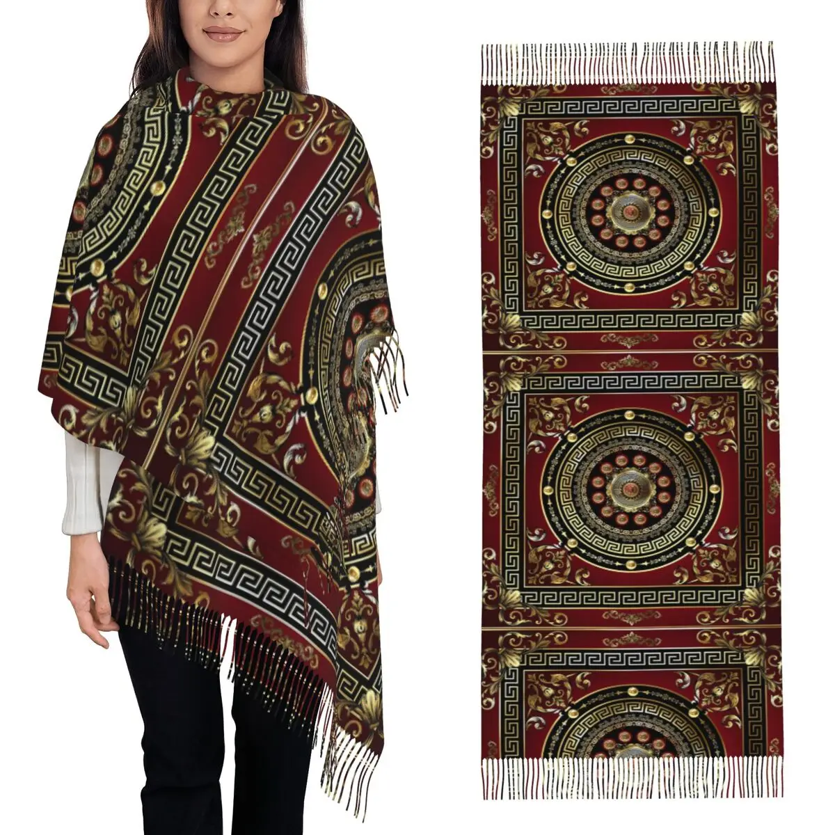 Greek Key Meander Red Gold Black Medallion Baroque Scarf Tassel Scarves for Women Shawls and Wraps Long Fall Winter Shawl Wrap
Greek Key Meander Red Gold Black Medallion Baroque Scarf Tassel Scarves for Women Shawls and Wraps Long Fall Winter Shawl Wrap