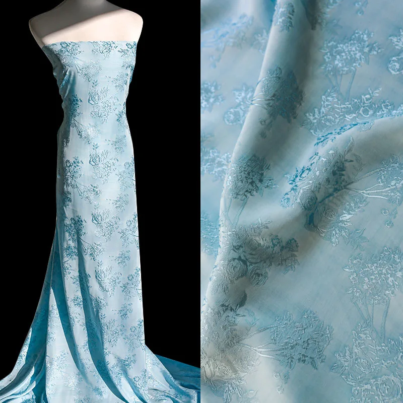 Brand Light Blue Rose Flower Silk Jacquard Fabric High Quality Smooth and Soft Summer Light Shirt Set Cheongsam Skirt Fabrics
Brand Light Blue Rose Flower Silk Jacquard Fabric High Quality Smooth and Soft Summer Light Shirt Set Cheongsam Skirt Fabrics