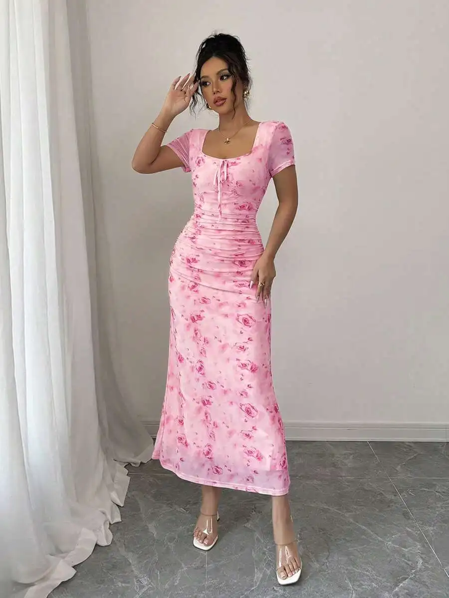 Womens Pink Floral Print Square Neck Ruched Waist Midi Dress Spring Summer
Womens Pink Floral Print Square Neck Ruched Waist Midi Dress Spring Summer