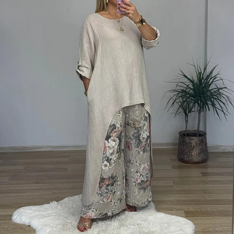 Chic Solid Color Loose Pullover&Floral Printed Pants Suit Retros Cotton Linen Long Sleeve 2 Piece Women Irregular Tops Pants Set
Chic Solid Color Loose Pullover&Floral Printed Pants Suit Retros Cotton Linen Long Sleeve 2 Piece Women Irregular Tops Pants Set