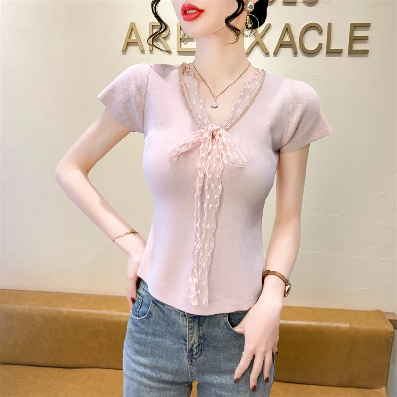 2025 New Summer Sweet Lace Bow Lace-up V-Neck T-Shirt For Women's Top Streetwear Short Sleeve Slim Elastic Knitted Tee
2025 New Summer Sweet Lace Bow Lace-up V-Neck T-Shirt For Women's Top Streetwear Short Sleeve Slim Elastic Knitted Tee