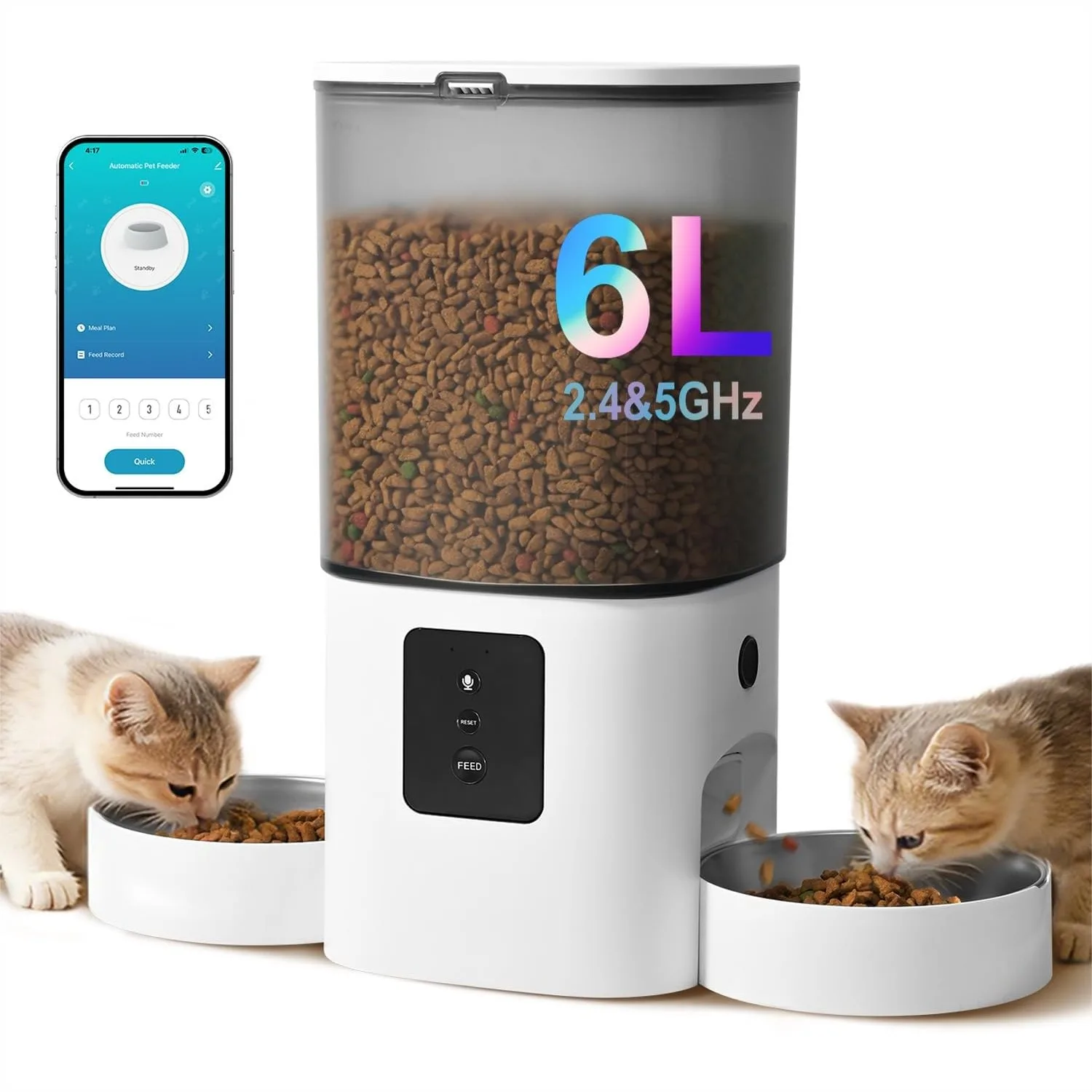 Automatic Cat Feeder, 6L WiFi Pet Food Dispenser with Voice Recorder, Timed Double Bowl Feeder up to 10 Meals per Day
Automatic Cat Feeder, 6L WiFi Pet Food Dispenser with Voice Recorder, Timed Double Bowl Feeder up to 10 Meals per Day