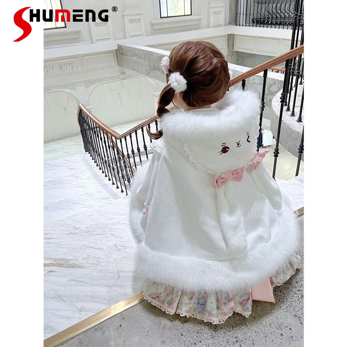 Japanese Sweet Cute Winter Lolita Cloak Embroidered Plush Hooded Bow Single-Breasted Fleeced Warm Shawl Capes Jackets for Women
Japanese Sweet Cute Winter Lolita Cloak Embroidered Plush Hooded Bow Single-Breasted Fleeced Warm Shawl Capes Jackets for Women