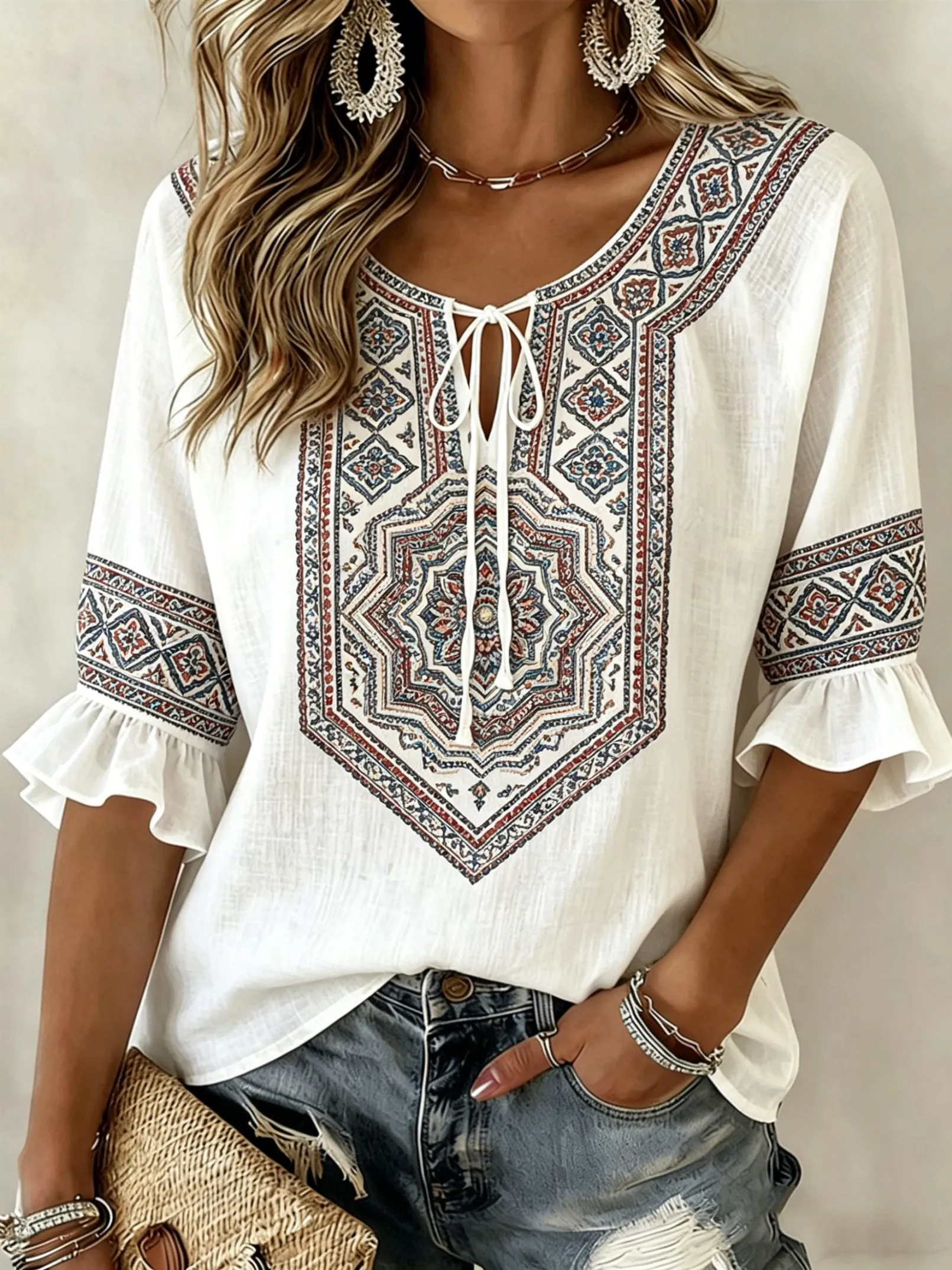 Women's Tie Keyhole Neck Blouse, White Bohemian Ethnic Geometric Medallion Border Print, for Spring Summer Daily Casual Outfits
Women's Tie Keyhole Neck Blouse, White Bohemian Ethnic Geometric Medallion Border Print, for Spring Summer Daily Casual Outfits