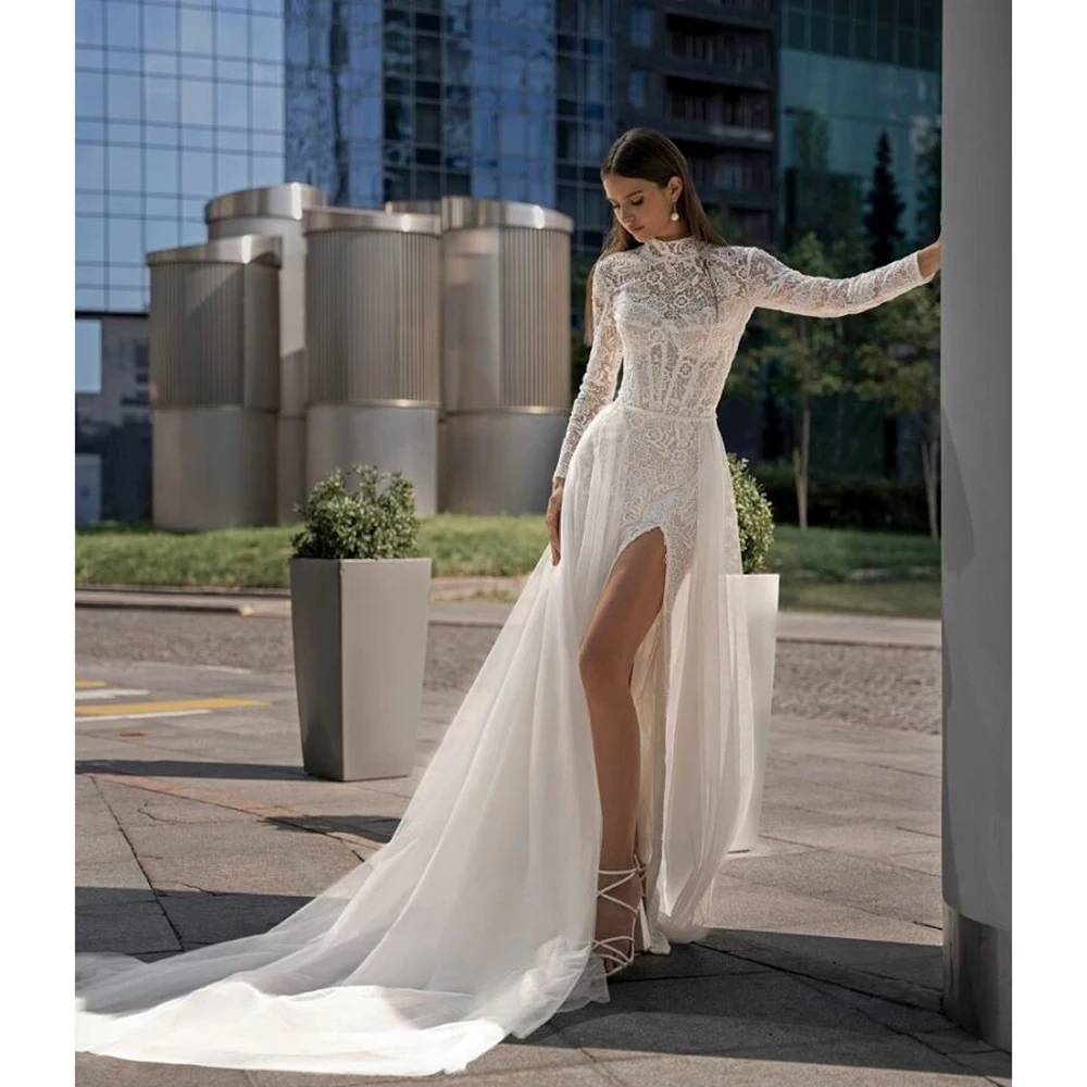 Bohemaid High Neck Appliques Lace Wedding Gown Mermaid Side Slit Button Back Bridal Dress with Detachable Train Custom Made
Bohemaid High Neck Appliques Lace Wedding Gown Mermaid Side Slit Button Back Bridal Dress with Detachable Train Custom Made