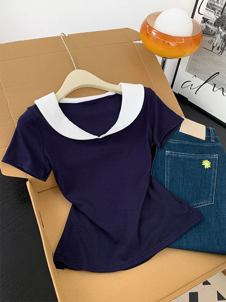 Slim Fit Blue T-irt Women's Summer Unique Beautiful Korean Sle ort Sve Doll Collar Top Trendy Casual Cotton V-Ne
Slim Fit Blue T-irt Women's Summer Unique Beautiful Korean Sle ort Sve Doll Collar Top Trendy Casual Cotton V-Ne