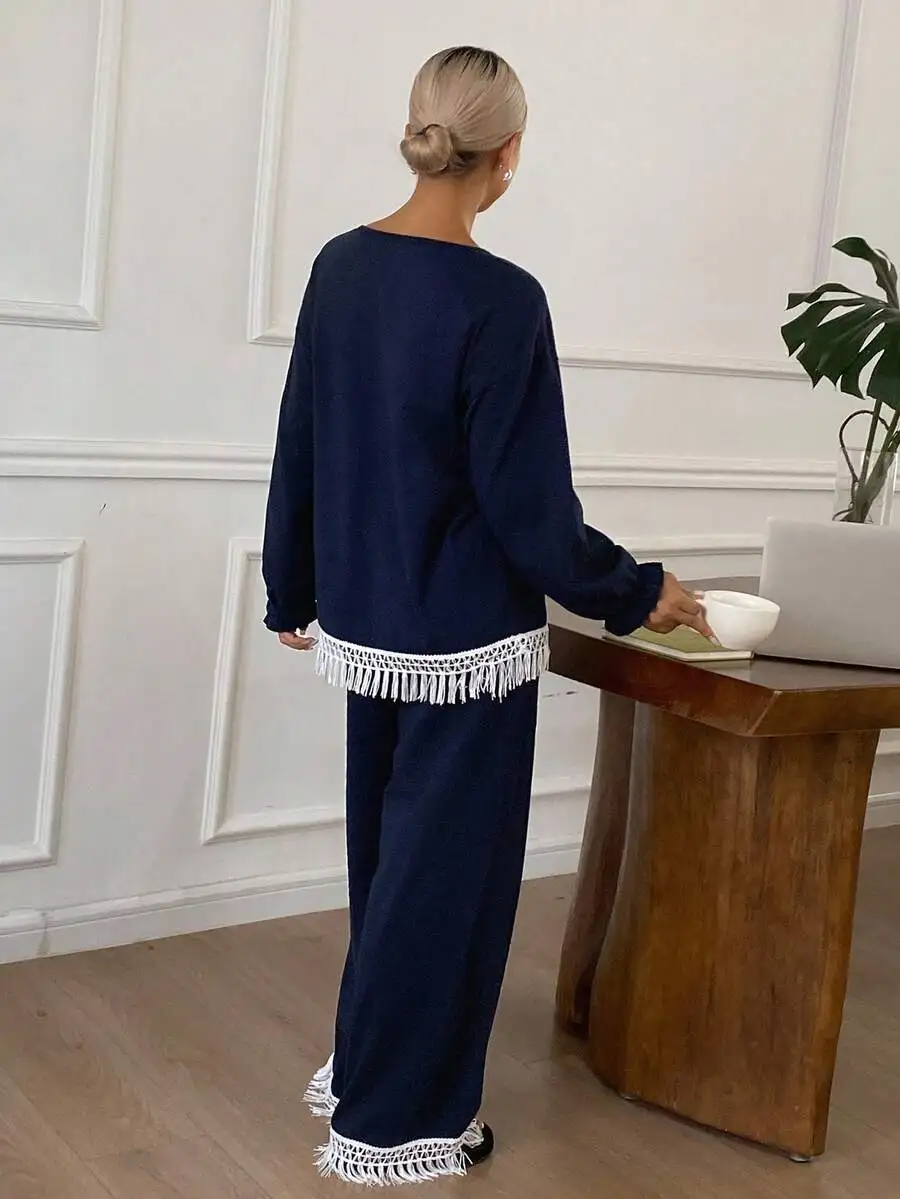 Womens Blue Tassel Trim Loungewear Set Pajamas Fall Casual
Womens Blue Tassel Trim Loungewear Set Pajamas Fall Casual