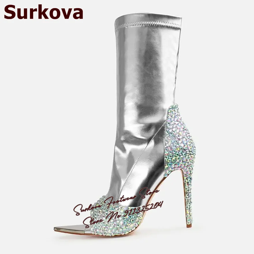 Surkova Silver Metallic Skinny Ankle Boots Glitter Multi-Crystal Stiletto Heel Booties Pointy Toe Bling Bling Rhinestone Sandals
Surkova Silver Metallic Skinny Ankle Boots Glitter Multi-Crystal Stiletto Heel Booties Pointy Toe Bling Bling Rhinestone Sandals