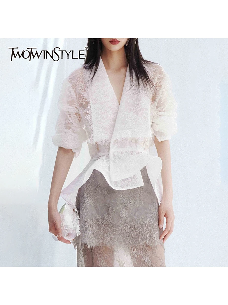 TWOTWINSTYLE Patchwork Lace Solid Shirts for Women Lapel Long Sleeve High Waist Slimming Sheer Blouse Female Fashion Clothing
TWOTWINSTYLE Patchwork Lace Solid Shirts for Women Lapel Long Sleeve High Waist Slimming Sheer Blouse Female Fashion Clothing