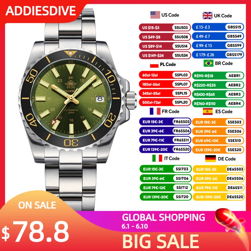 ADDIESDIVE Luxury High Quality Automatic Men's Watch 200m Waterproof Sapphire Glass BWG9 Super Luminous Diving Men Watches
ADDIESDIVE Luxury High Quality Automatic Men's Watch 200m Waterproof Sapphire Glass BWG9 Super Luminous Diving Men Watches