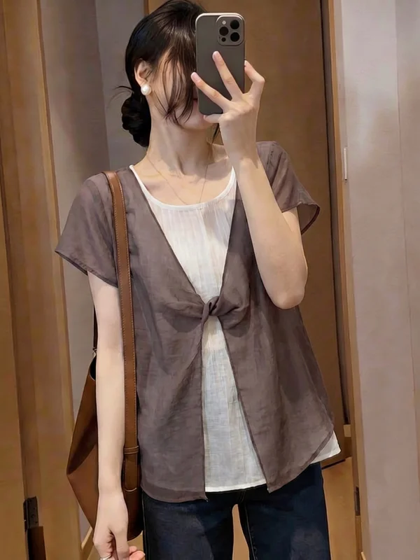 Summer New Women's Short Sleeve Shirt Twist Knot Shoulder Large Size Fat MM Anti-Aging Small Shirt Chiffon Top Commute Style
Summer New Women's Short Sleeve Shirt Twist Knot Shoulder Large Size Fat MM Anti-Aging Small Shirt Chiffon Top Commute Style