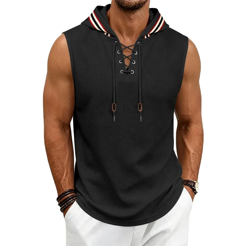 New men's sleeveless hooded vest with cross-lacing and waffle knit sport vest for casual summer fitness and streetwear look。
New men's sleeveless hooded vest with cross-lacing and waffle knit sport vest for casual summer fitness and streetwear look。