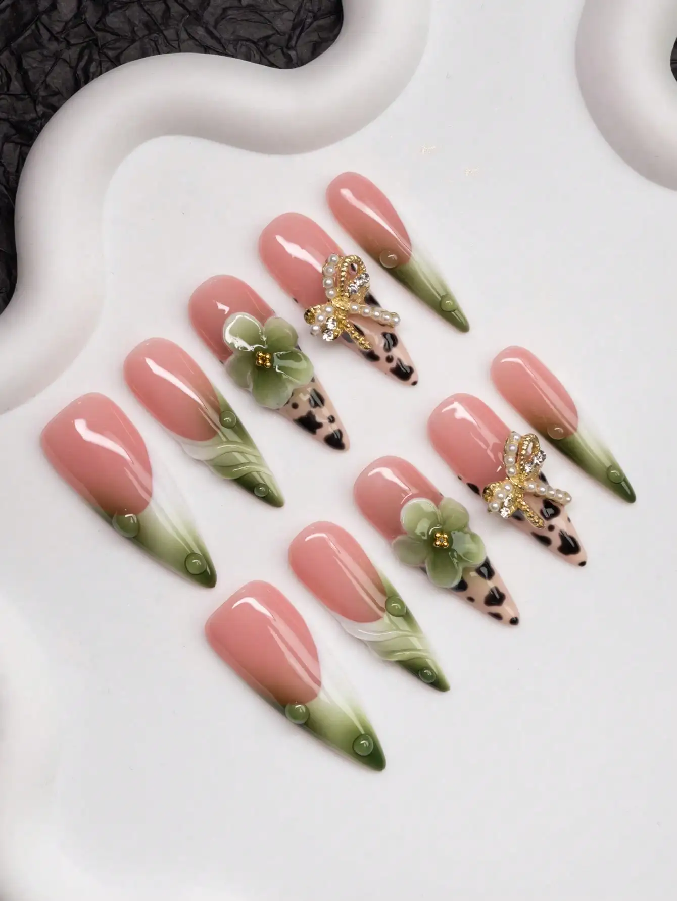 Handmade Almond-Shaped Press-On Nails With Y2K Baddie Style, Featuring Nude, Green, And White Nail Plates With Cream Tip, Tie Dy
Handmade Almond-Shaped Press-On Nails With Y2K Baddie Style, Featuring Nude, Green, And White Nail Plates With Cream Tip, Tie Dy