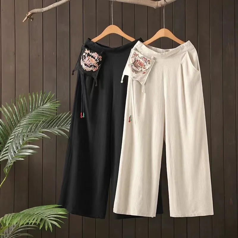 2024 New Arrival Spring/summer Women Cotton Linen Ankle-length Pants Casual Elastic Waist Floral Embroidery Wide Leg Pants S63
2024 New Arrival Spring/summer Women Cotton Linen Ankle-length Pants Casual Elastic Waist Floral Embroidery Wide Leg Pants S63