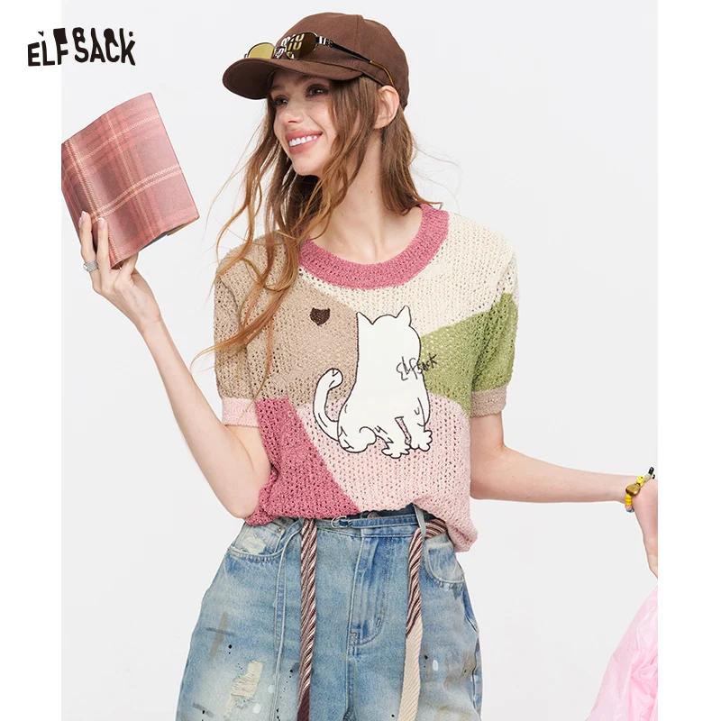 ELFSACK Cat Print Patchwork Knitwear, Color Block Short Sleeve Cropped Top, Cute Y2K Summer Blouse
ELFSACK Cat Print Patchwork Knitwear, Color Block Short Sleeve Cropped Top, Cute Y2K Summer Blouse