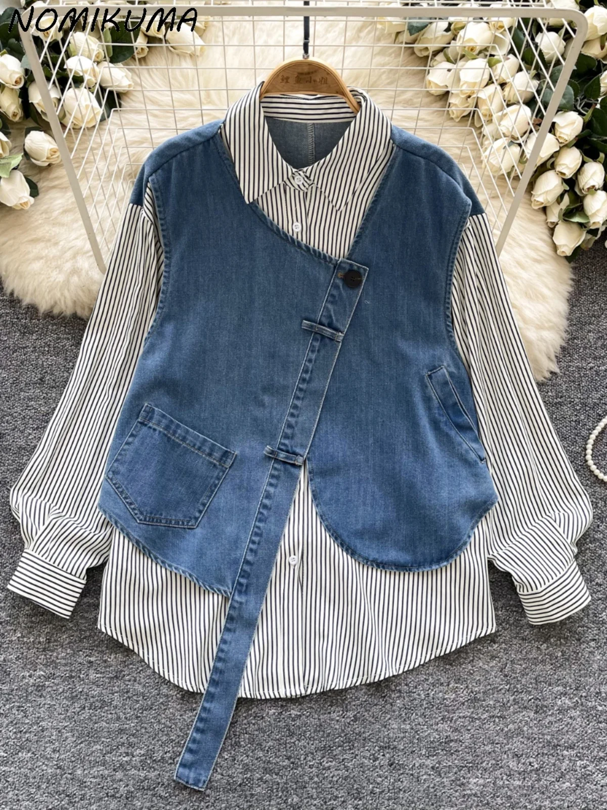 Nomikuma Japanese Shirt Women's 2025 Spring Korean Versatile Design Striped Long Sleeved Patchwork Irregular Denim Top
Nomikuma Japanese Shirt Women's 2025 Spring Korean Versatile Design Striped Long Sleeved Patchwork Irregular Denim Top
